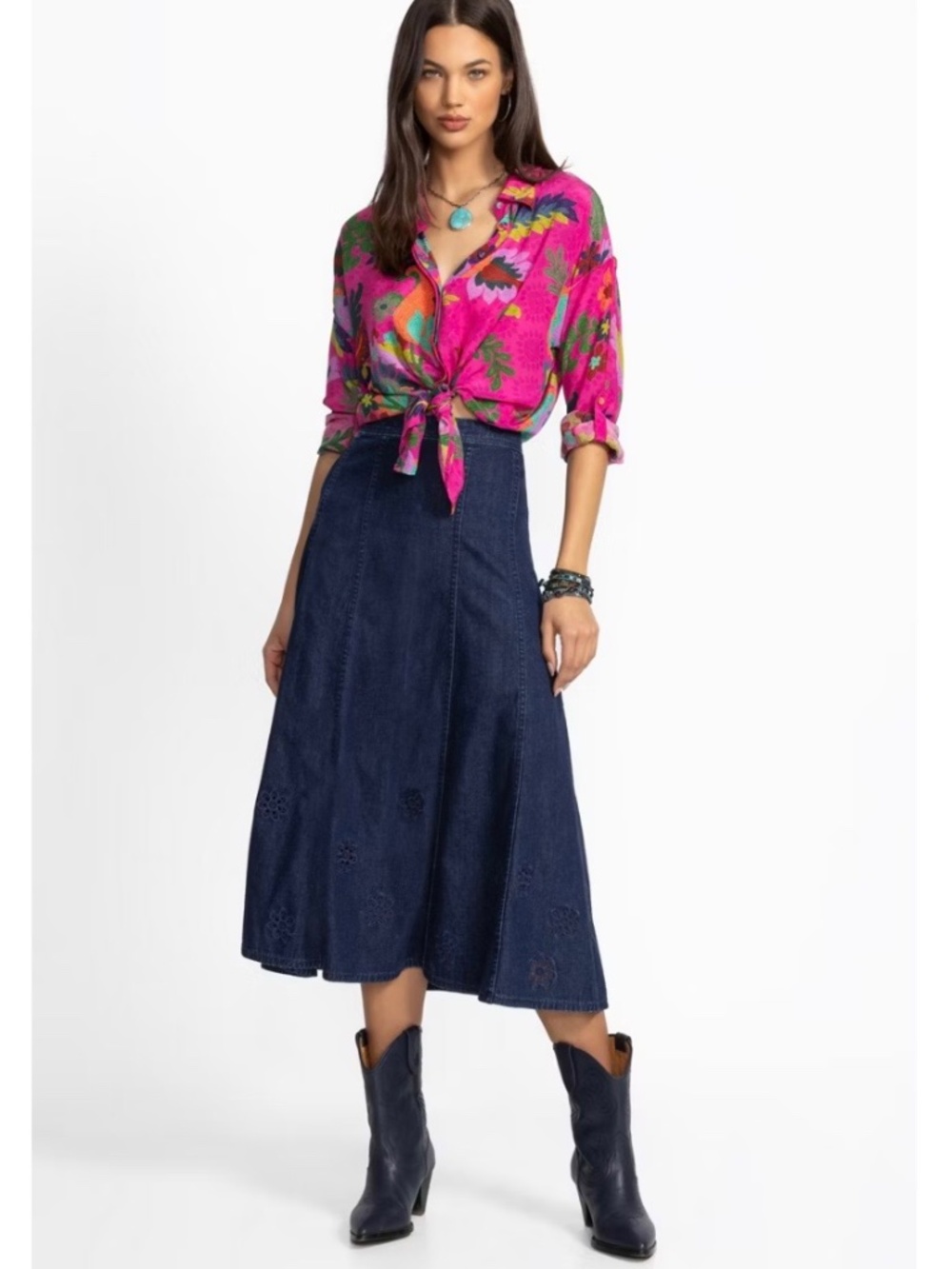Johnny Was The Denim Embroidered Skirt Dark Wash SZ 33